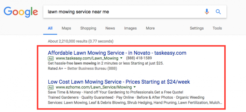 Google Ads show at the top of the Search Engine Result Page (SERP)