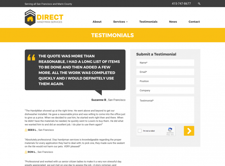 Direct Handyman Services Testimonial page