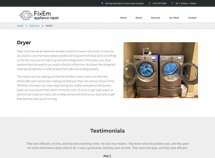 FixEm Appliance Repair service detail page