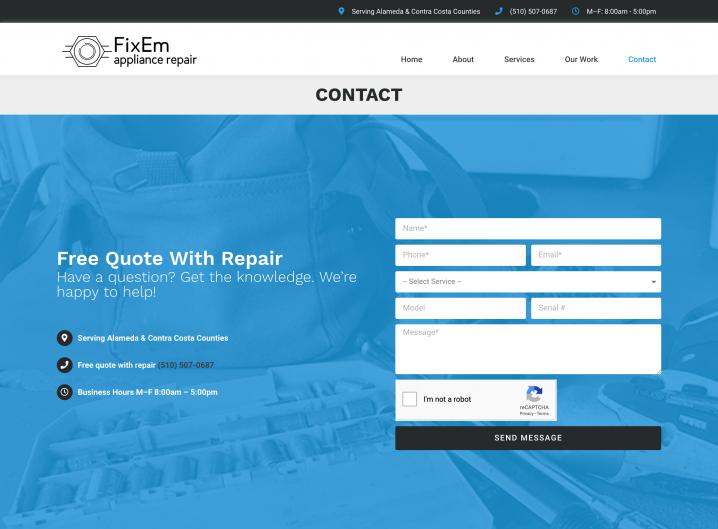 FixEm Appliance Repair contact page