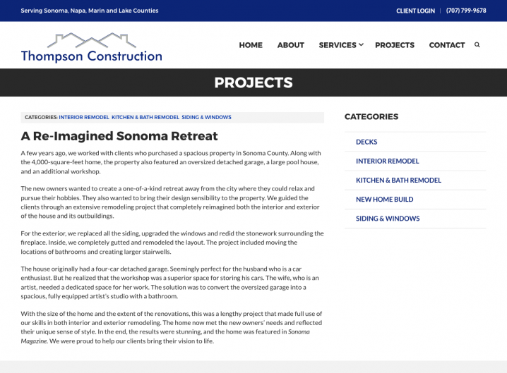 Thompson Construction project detail page
