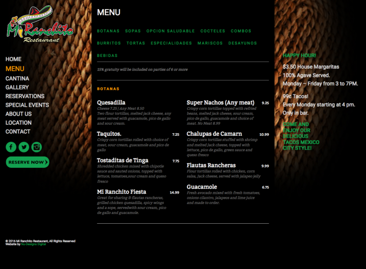 Mi Ranchito Restaurant Menu page