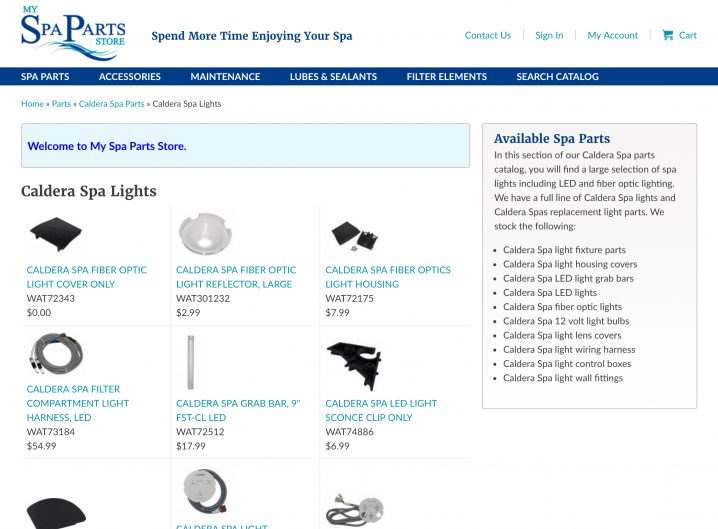 My Spa Parts Store Store Category page