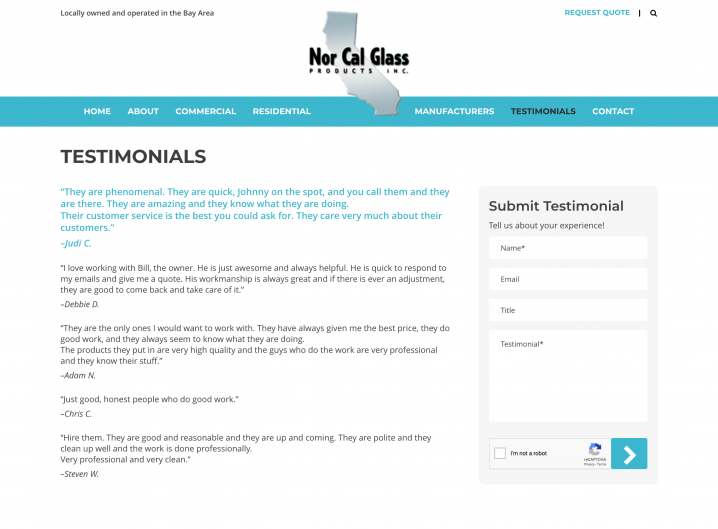 Nor Cal Glass Products testimonials